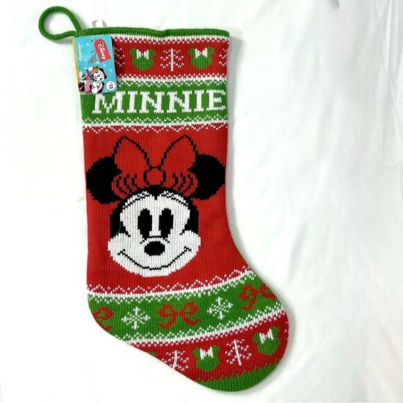 Disney Minnie Mouse Knit Stocking 20” New Christmas Holiday Red & Green - Picture 1 of 3